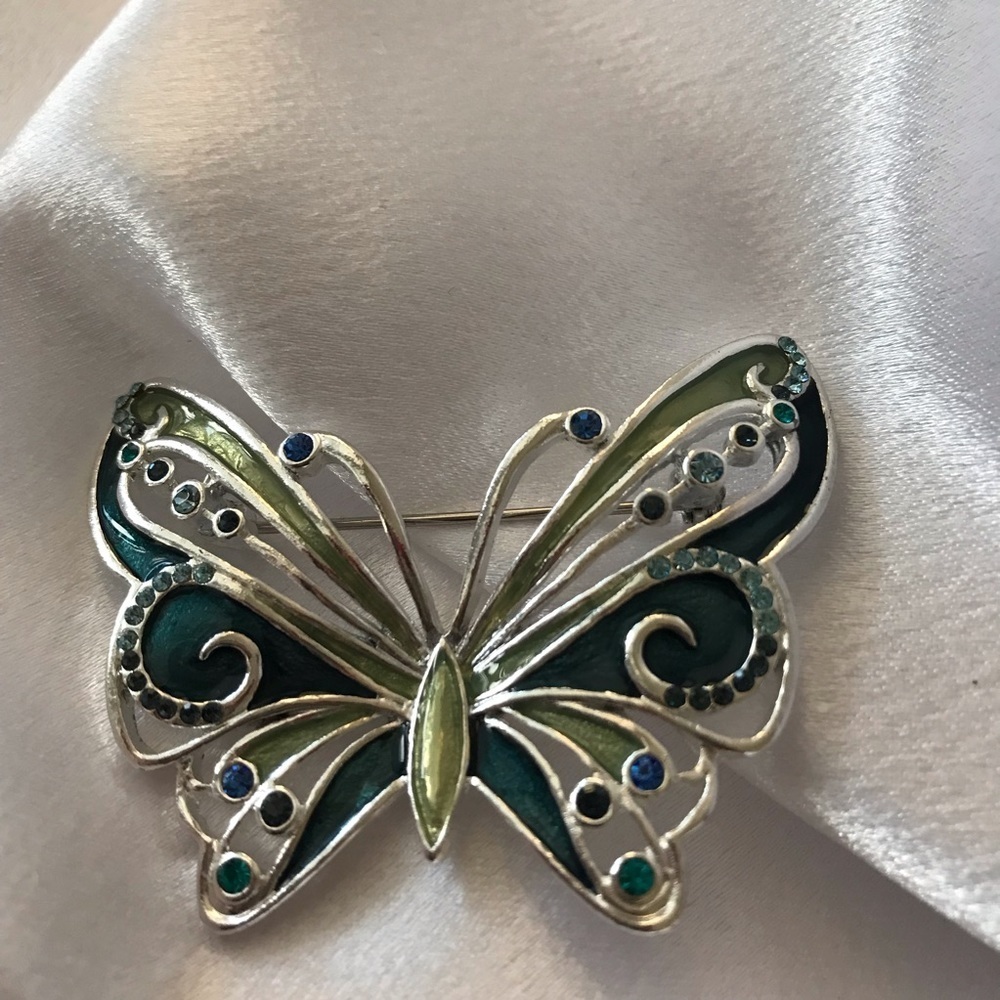 Butterfly‎ brooch in green and teals on silver